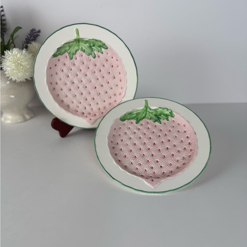 Handmade Strawberry Ceramic Plates Set of 2 Pink & Green 9” Cottagecore